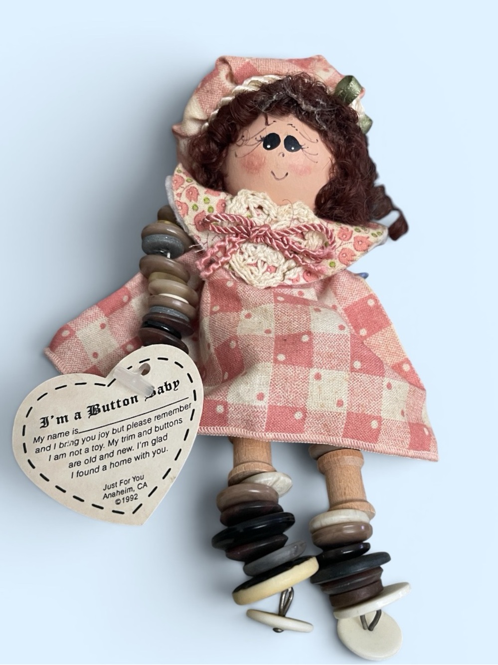 Vintage Just For You BUTTON BABY DOLL Shelf Sitter Decorative Figurine.